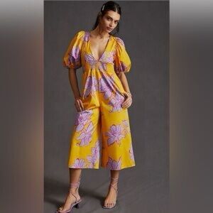 Hutch Anthropologie Yellow Floral Deep V-neck Wide Leg Jumpsuit S